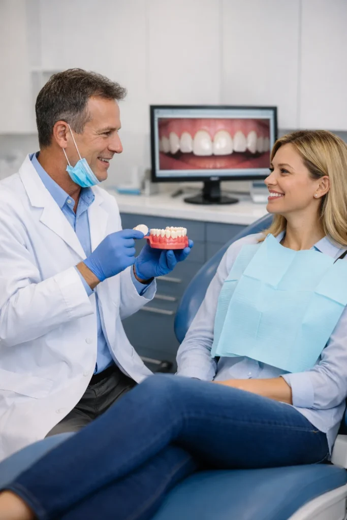 Dentist-explaining-denture-options-to-patient-seeking-Dentures-in-Fort-Mill-SC